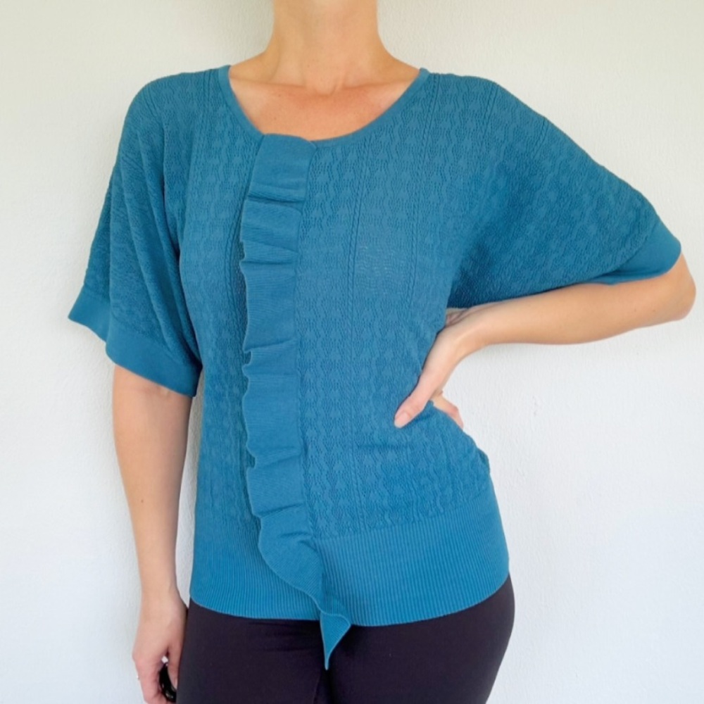 Cable & Gauge teal blue dolman sleeve ruffle front textured knit sweater large